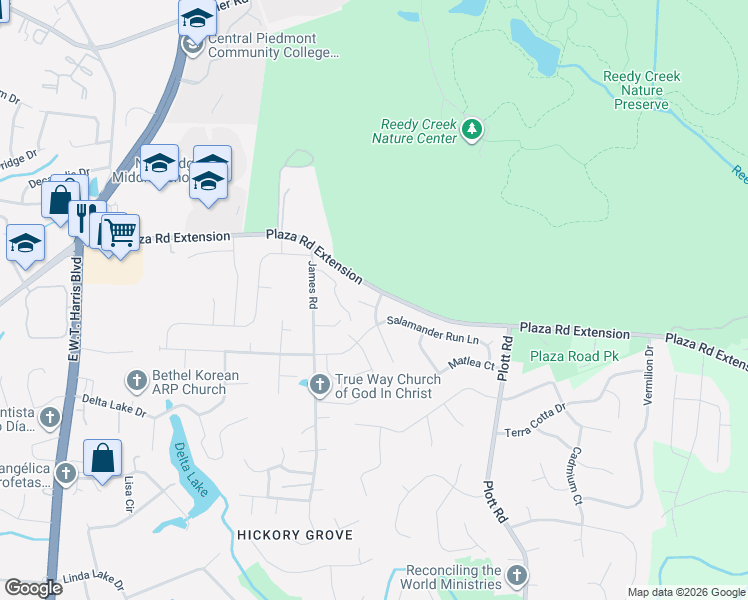 map of restaurants, bars, coffee shops, grocery stores, and more near 6034 Crossvine Lane in Charlotte