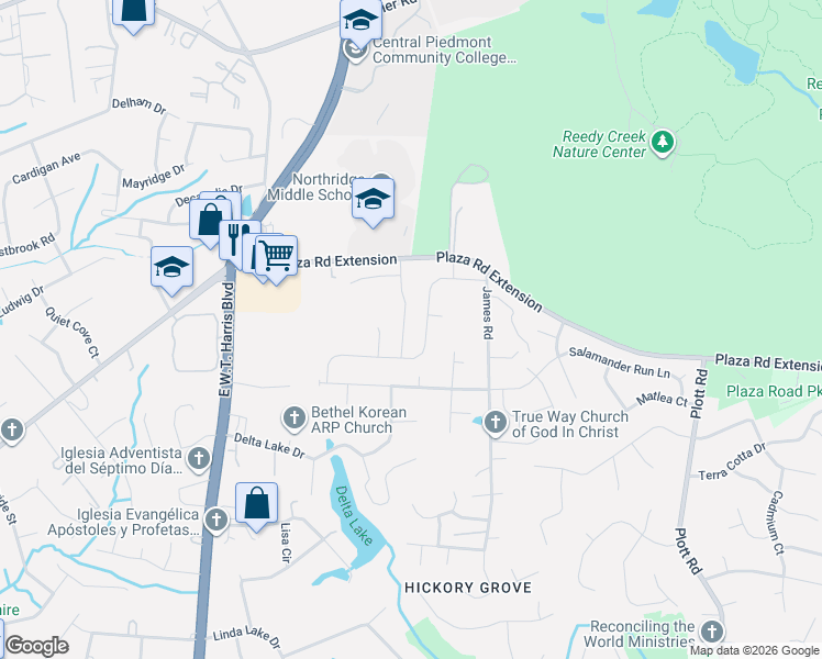 map of restaurants, bars, coffee shops, grocery stores, and more near 7716 The Plaza in Charlotte