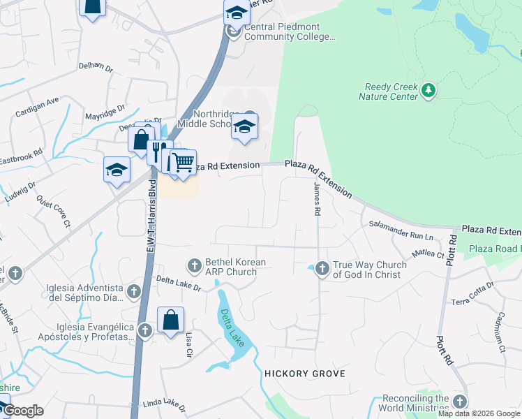 map of restaurants, bars, coffee shops, grocery stores, and more near 7716 The Plaza in Charlotte