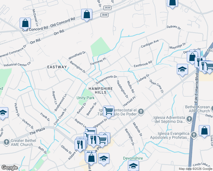 map of restaurants, bars, coffee shops, grocery stores, and more near 5730 McBride Street in Charlotte