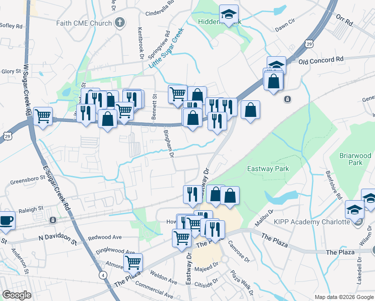 map of restaurants, bars, coffee shops, grocery stores, and more near 5039 Curtiswood Drive in Charlotte