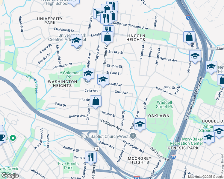 map of restaurants, bars, coffee shops, grocery stores, and more near 1339 Fairmont Street in Charlotte