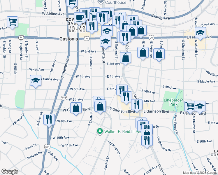 map of restaurants, bars, coffee shops, grocery stores, and more near 613 South Oakland Street in Gastonia