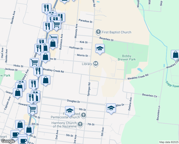 map of restaurants, bars, coffee shops, grocery stores, and more near 428 Weakley Creek Road in Lawrenceburg