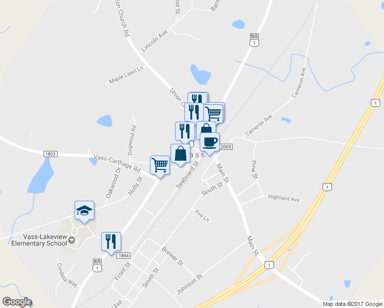 map of restaurants, bars, coffee shops, grocery stores, and more near 128 Alley St in Vass