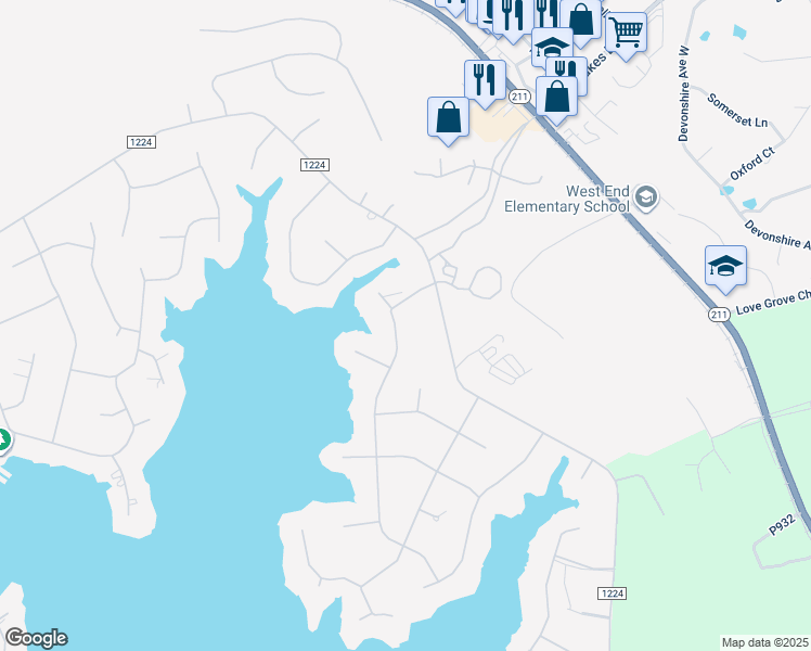 map of restaurants, bars, coffee shops, grocery stores, and more near Otter Drive in Seven Lakes