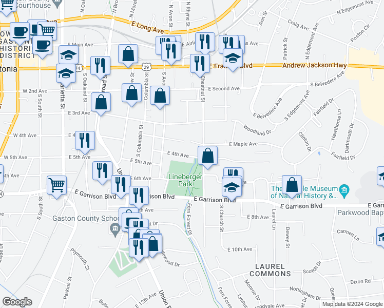 map of restaurants, bars, coffee shops, grocery stores, and more near 628 East 4th Avenue in Gastonia