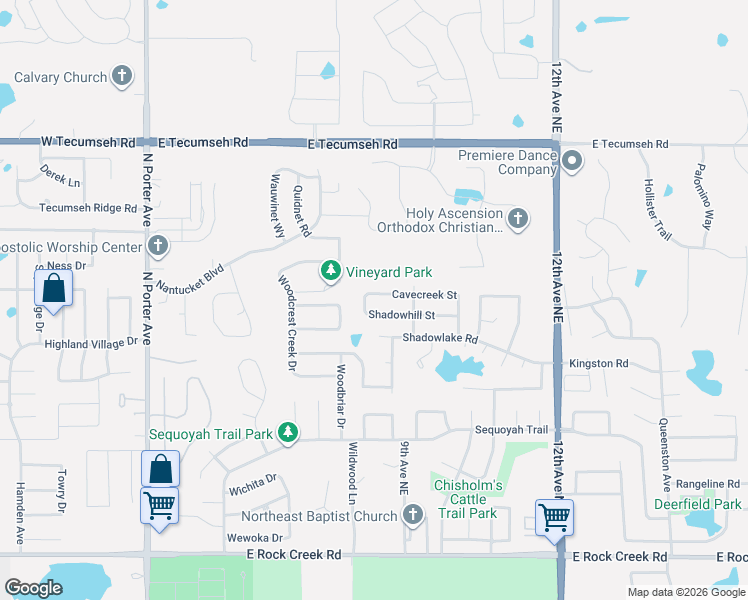 map of restaurants, bars, coffee shops, grocery stores, and more near 701 Shadowhill Street in Norman
