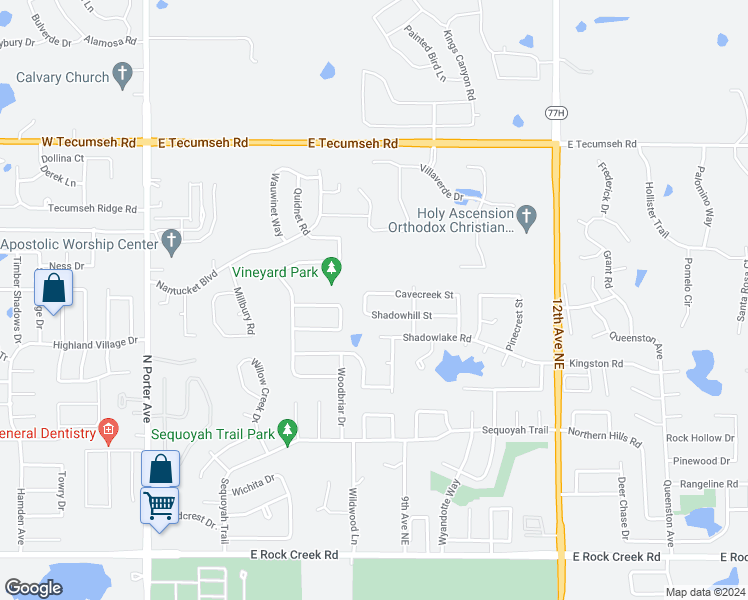 map of restaurants, bars, coffee shops, grocery stores, and more near 612 Cavecreek Street in Norman