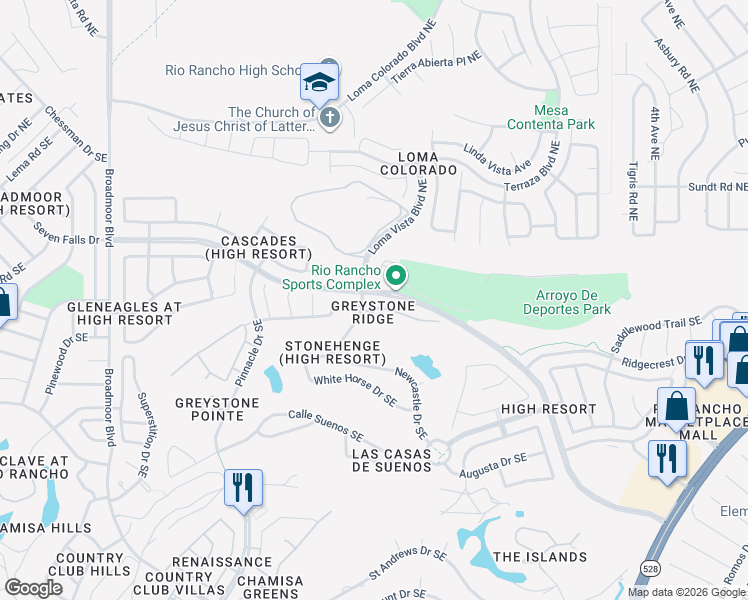 map of restaurants, bars, coffee shops, grocery stores, and more near 3613 Greystone Ridge Drive Southeast in Rio Rancho