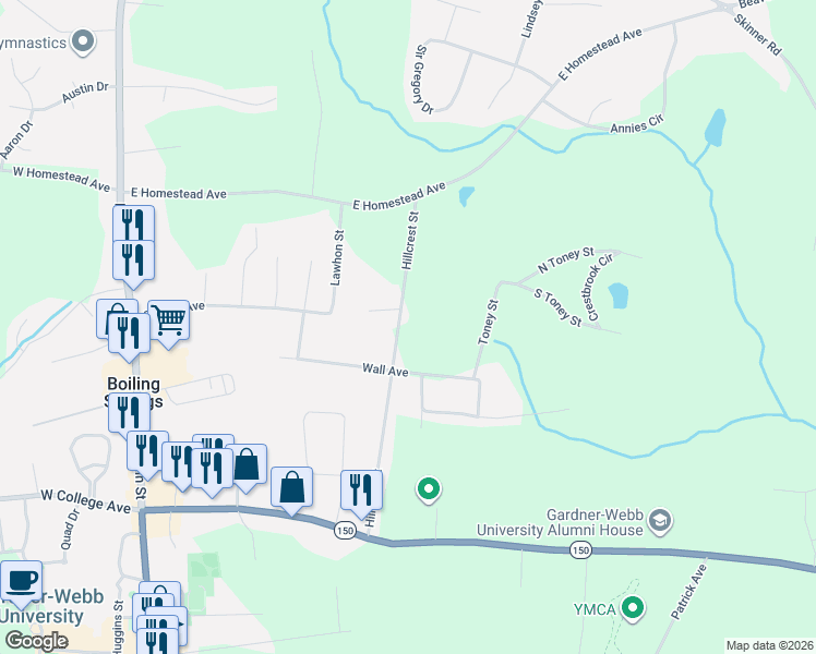 map of restaurants, bars, coffee shops, grocery stores, and more near 210 Hillcrest Street in Shelby