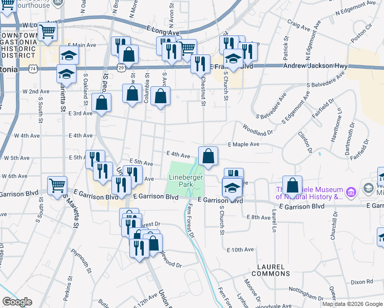 map of restaurants, bars, coffee shops, grocery stores, and more near 629 East 4th Avenue in Gastonia