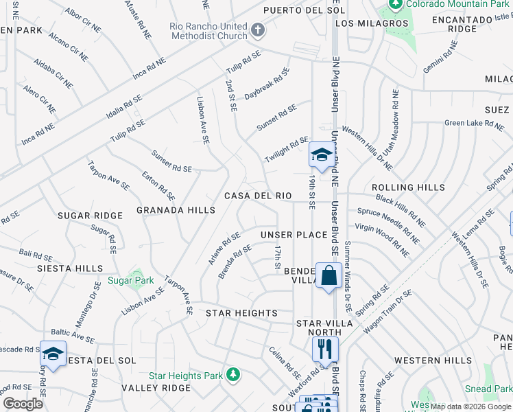 map of restaurants, bars, coffee shops, grocery stores, and more near 1760 Darlene Road Southeast in Rio Rancho