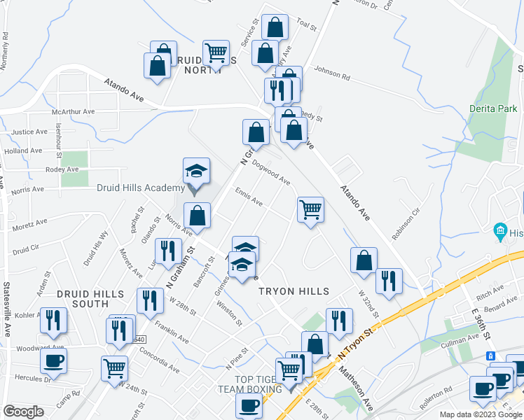 map of restaurants, bars, coffee shops, grocery stores, and more near 2837 Grimes Street in Charlotte