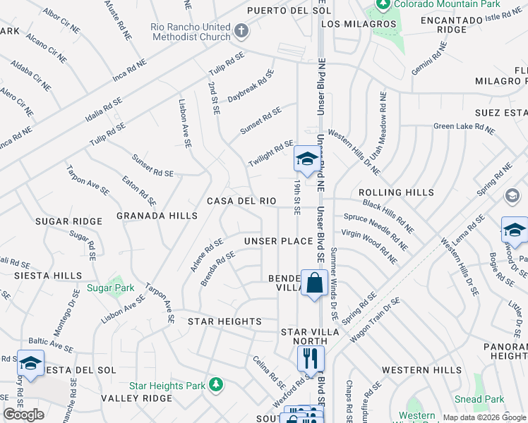 map of restaurants, bars, coffee shops, grocery stores, and more near 1800 Darlene Road Southeast in Rio Rancho