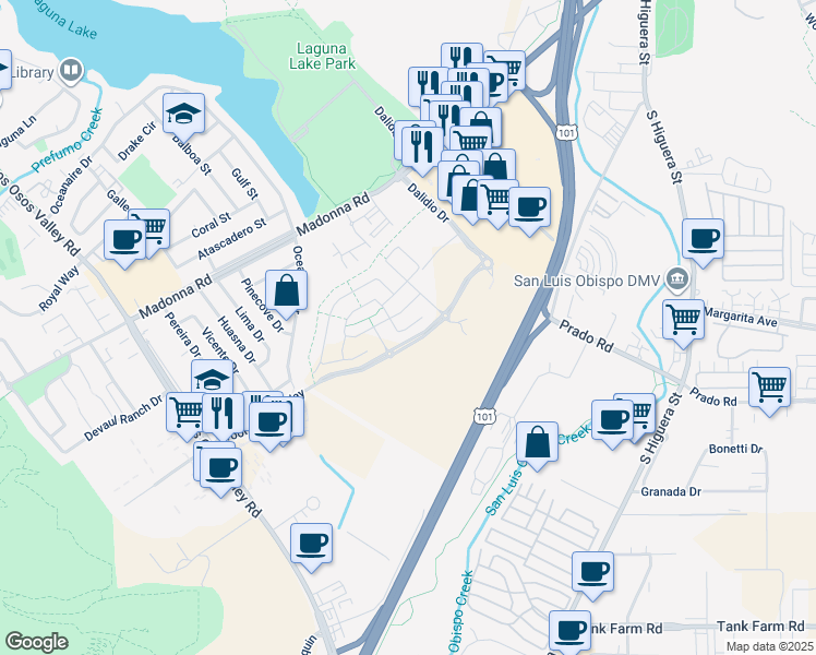 map of restaurants, bars, coffee shops, grocery stores, and more near in San Luis Obispo