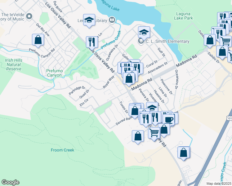 map of restaurants, bars, coffee shops, grocery stores, and more near 1480 Madonna Road in San Luis Obispo