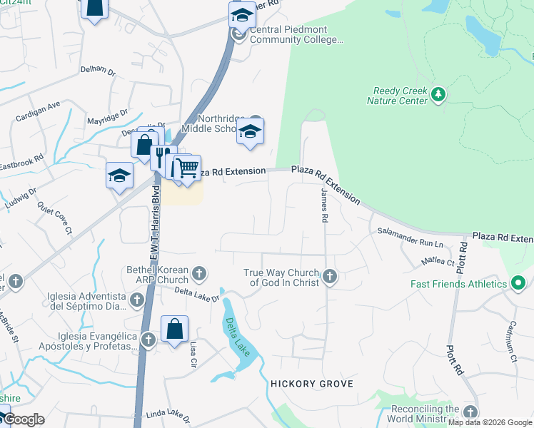 map of restaurants, bars, coffee shops, grocery stores, and more near 7716 The Plaza in Charlotte