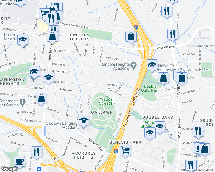 map of restaurants, bars, coffee shops, grocery stores, and more near 1536 Russell Avenue in Charlotte