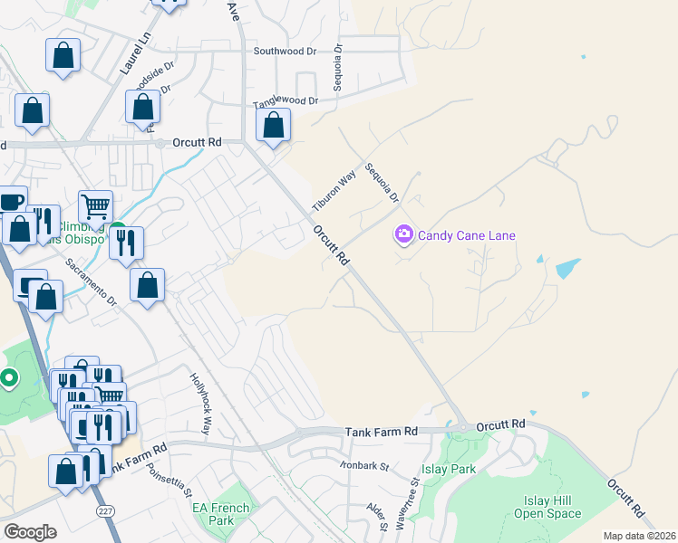 map of restaurants, bars, coffee shops, grocery stores, and more near 1458 Parsons Way in San Luis Obispo