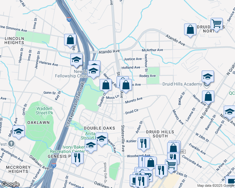 map of restaurants, bars, coffee shops, grocery stores, and more near 3235 Moss Lane in Charlotte