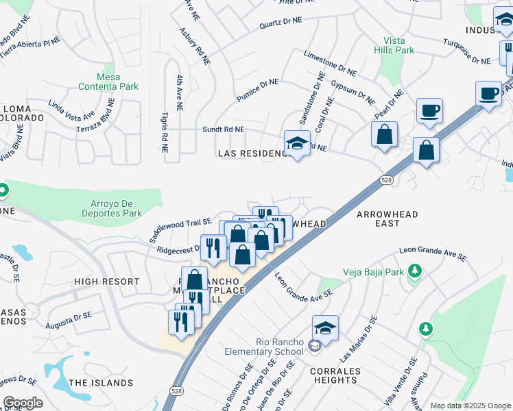 map of restaurants, bars, coffee shops, grocery stores, and more near 121 Riata Trail in Rio Rancho