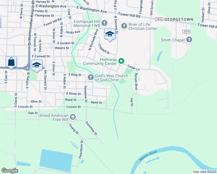 map of restaurants, bars, coffee shops, grocery stores, and more near 1507 Desmond Street in Kinston