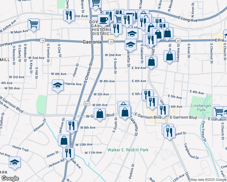 map of restaurants, bars, coffee shops, grocery stores, and more near 207 West 5th Avenue in Gastonia