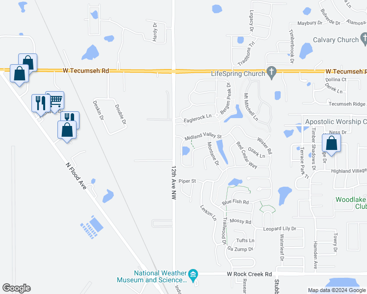 map of restaurants, bars, coffee shops, grocery stores, and more near 3145 Midland Valley Street in Norman