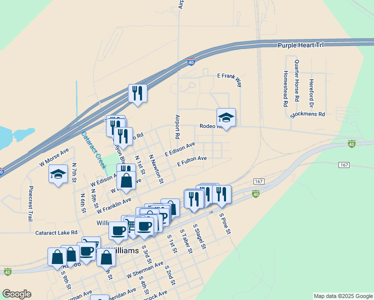 map of restaurants, bars, coffee shops, grocery stores, and more near 421 North Boyd Street in Williams