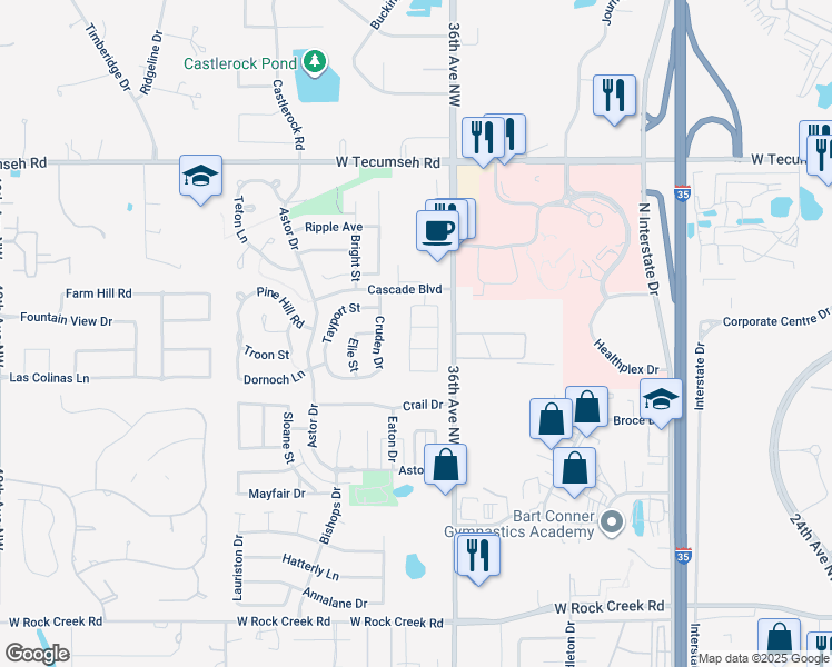 map of restaurants, bars, coffee shops, grocery stores, and more near 3612 Jubilee Street in Norman