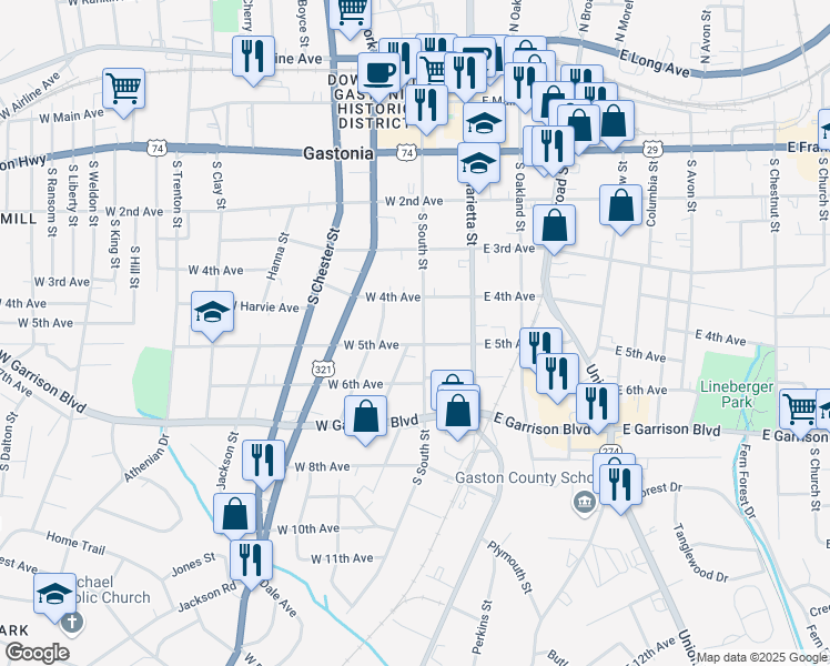 map of restaurants, bars, coffee shops, grocery stores, and more near 511 S South St in Gastonia