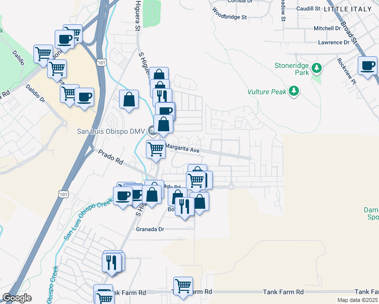 map of restaurants, bars, coffee shops, grocery stores, and more near 256 Via San Blas in San Luis Obispo