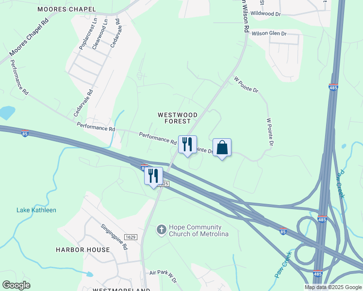 map of restaurants, bars, coffee shops, grocery stores, and more near 1234 West Pointe Drive in Charlotte