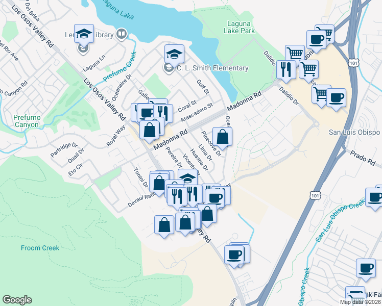 map of restaurants, bars, coffee shops, grocery stores, and more near 1743 Huasna Drive in San Luis Obispo