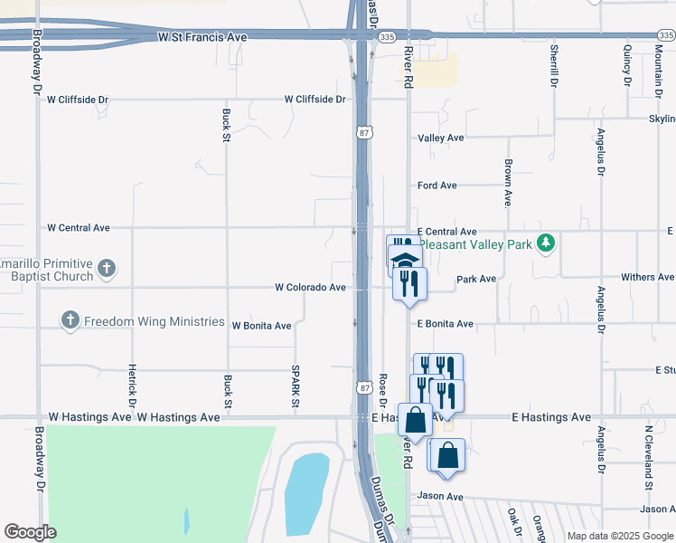 map of restaurants, bars, coffee shops, grocery stores, and more near 112 West Colorado Avenue in Amarillo