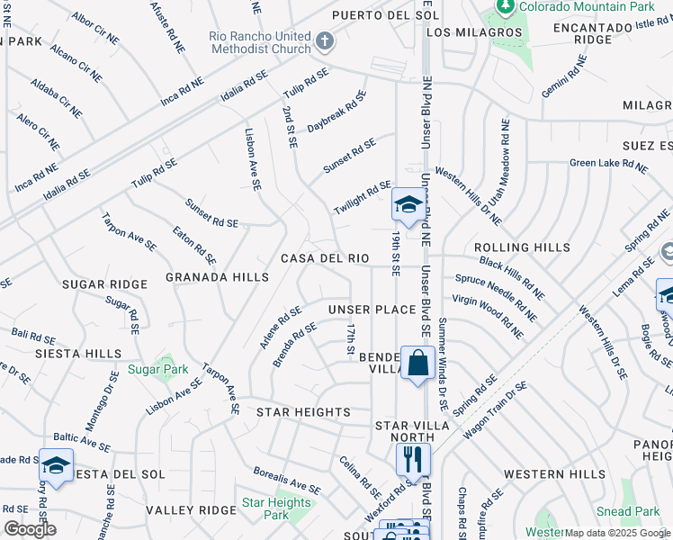 map of restaurants, bars, coffee shops, grocery stores, and more near 1800 Darlene Road Southeast in Rio Rancho