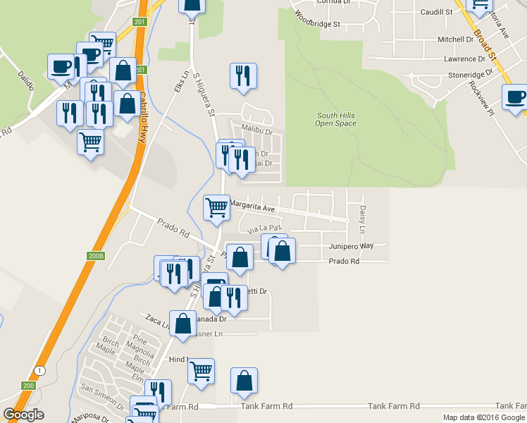 map of restaurants, bars, coffee shops, grocery stores, and more near 267 Via San Blas in San Luis Obispo