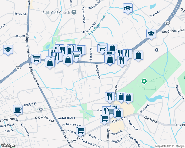 map of restaurants, bars, coffee shops, grocery stores, and more near 4923 Curtiswood Drive in Charlotte