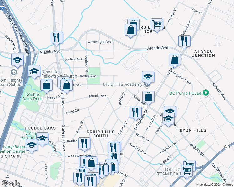map of restaurants, bars, coffee shops, grocery stores, and more near 2618 Jefferson Davis Street in Charlotte
