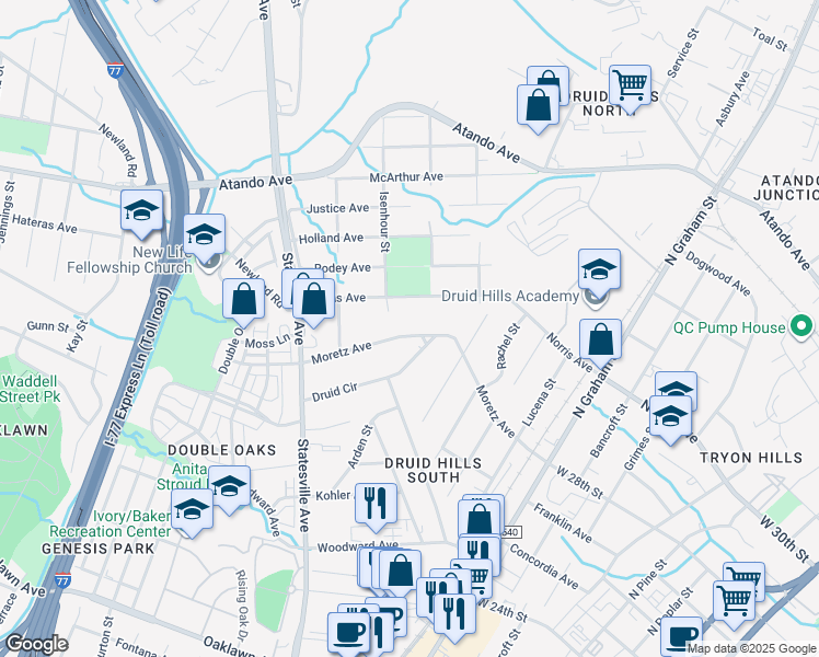 map of restaurants, bars, coffee shops, grocery stores, and more near 1317 Moretz Avenue in Charlotte