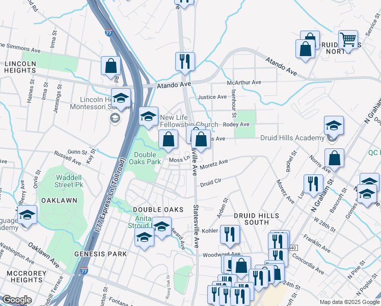 map of restaurants, bars, coffee shops, grocery stores, and more near 3246 Moss Lane in Charlotte