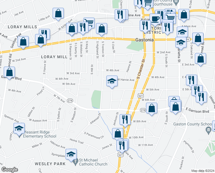 map of restaurants, bars, coffee shops, grocery stores, and more near 517 West 5th Avenue in Gastonia