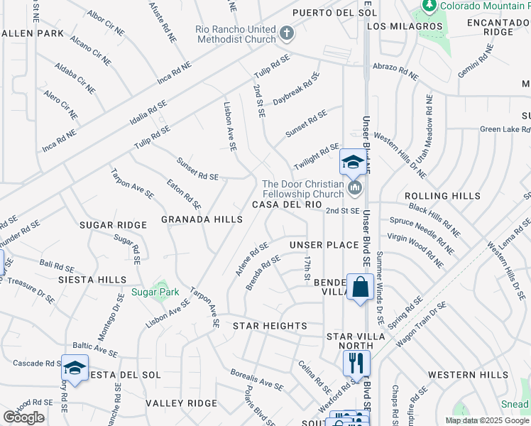 map of restaurants, bars, coffee shops, grocery stores, and more near 115 Darlene Road Southeast in Rio Rancho
