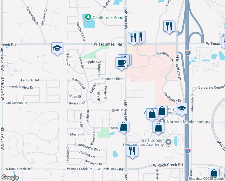 map of restaurants, bars, coffee shops, grocery stores, and more near 3609 Gullane Drive in Norman