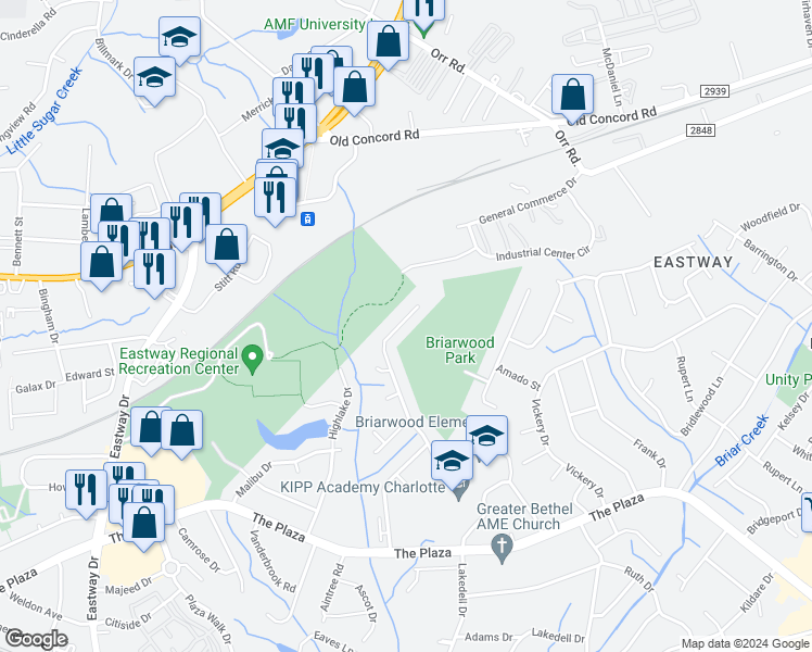 map of restaurants, bars, coffee shops, grocery stores, and more near 4821 Banfshire Road in Charlotte