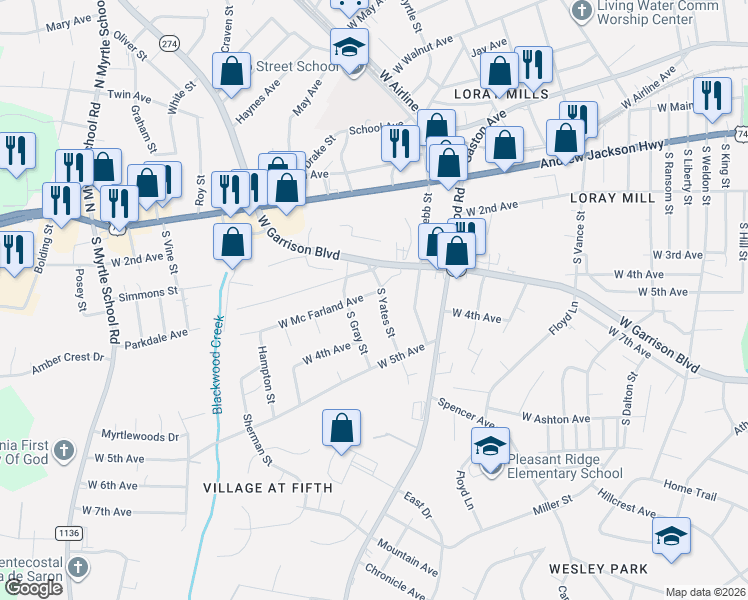 map of restaurants, bars, coffee shops, grocery stores, and more near 412 South Gray Street in Gastonia