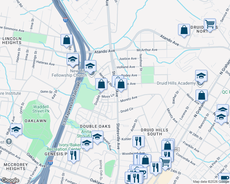 map of restaurants, bars, coffee shops, grocery stores, and more near 3246 Moss Lane in Charlotte