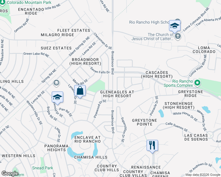 map of restaurants, bars, coffee shops, grocery stores, and more near 184 High Ridge Trail Southeast in Rio Rancho
