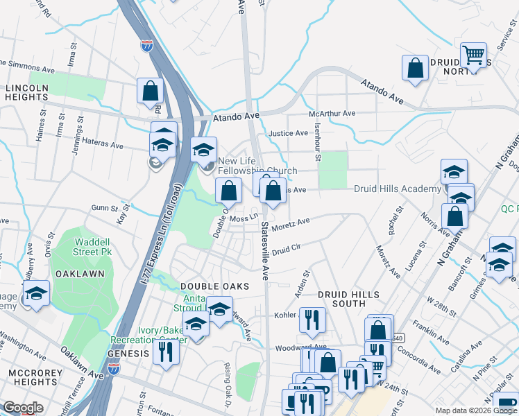 map of restaurants, bars, coffee shops, grocery stores, and more near 2635 Statesville Avenue in Charlotte